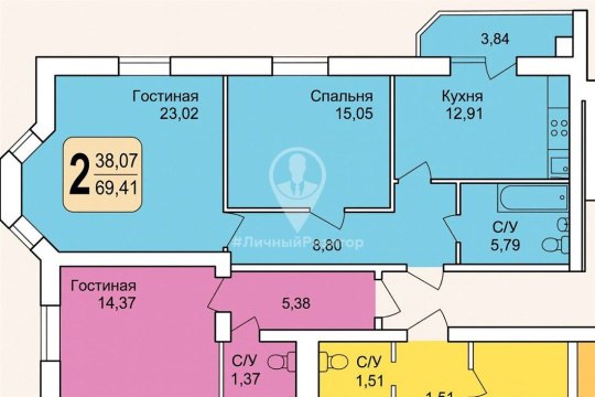 2-к квартира, 8/9 эт., 69м²